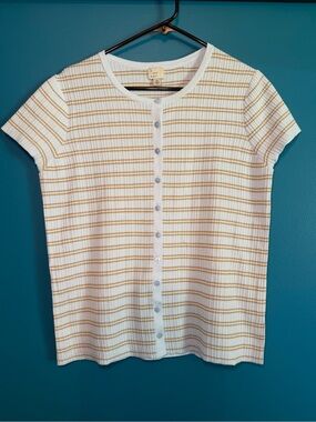 a new day light blue Short-Sleeve Ribbed Button-Front Top with Tan Stripes